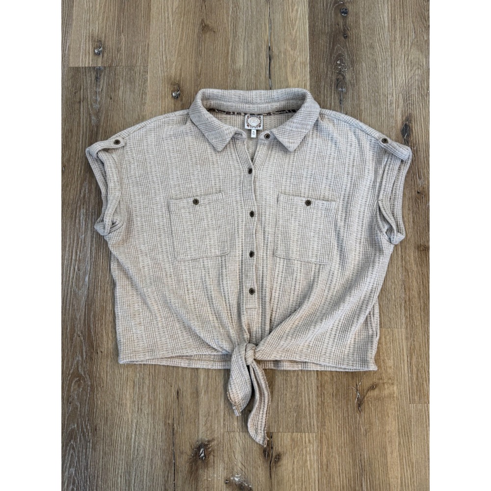 Tru Self Waffle Knit Tie Front Top Womens XL Beige Button Down‎ Coastal Grandma